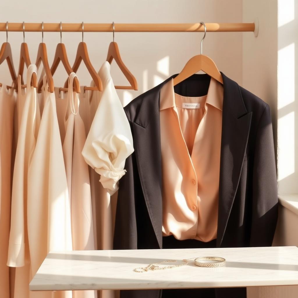 Elegante, minimalistische Garderobe mit Seidenbluse und Blazer