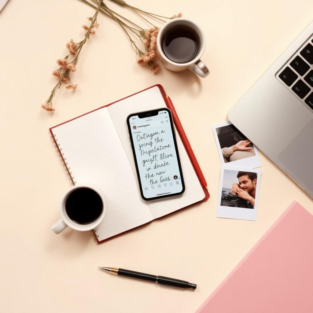 Kreatives Flat Lay mit Smartphone, Notizbuch und Kaffeetasse