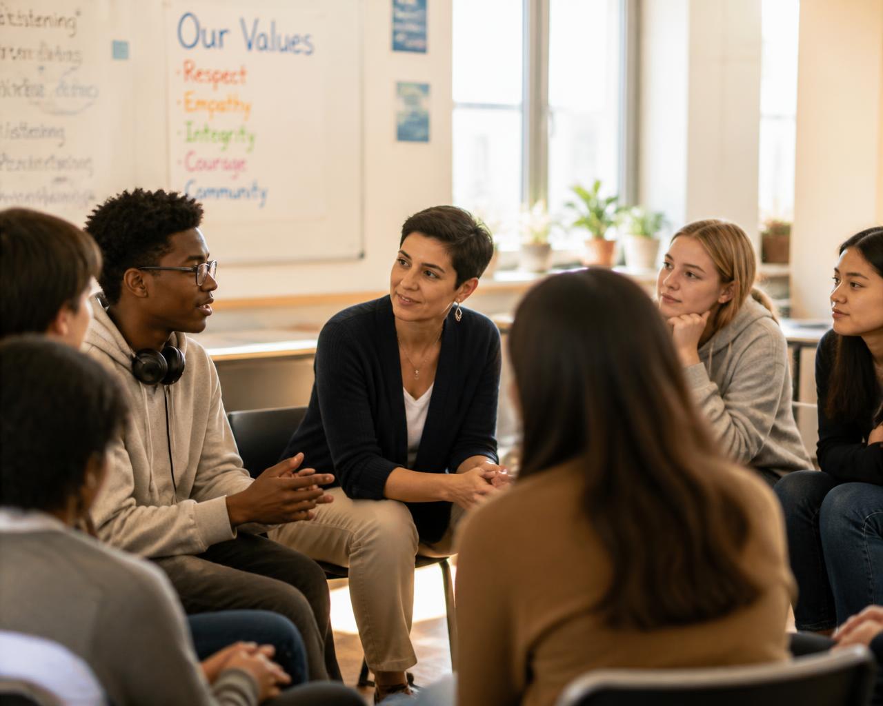 Wertedialoge: Gruppe von Jugendlichen im Schulworkshop