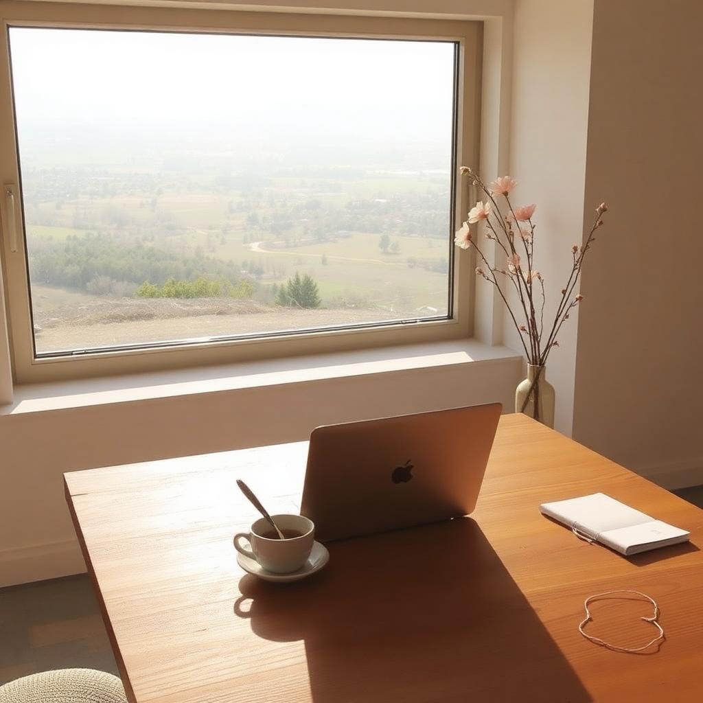 Laptop auf einem Holztisch vor einem Fenster mit weitem Ausblick