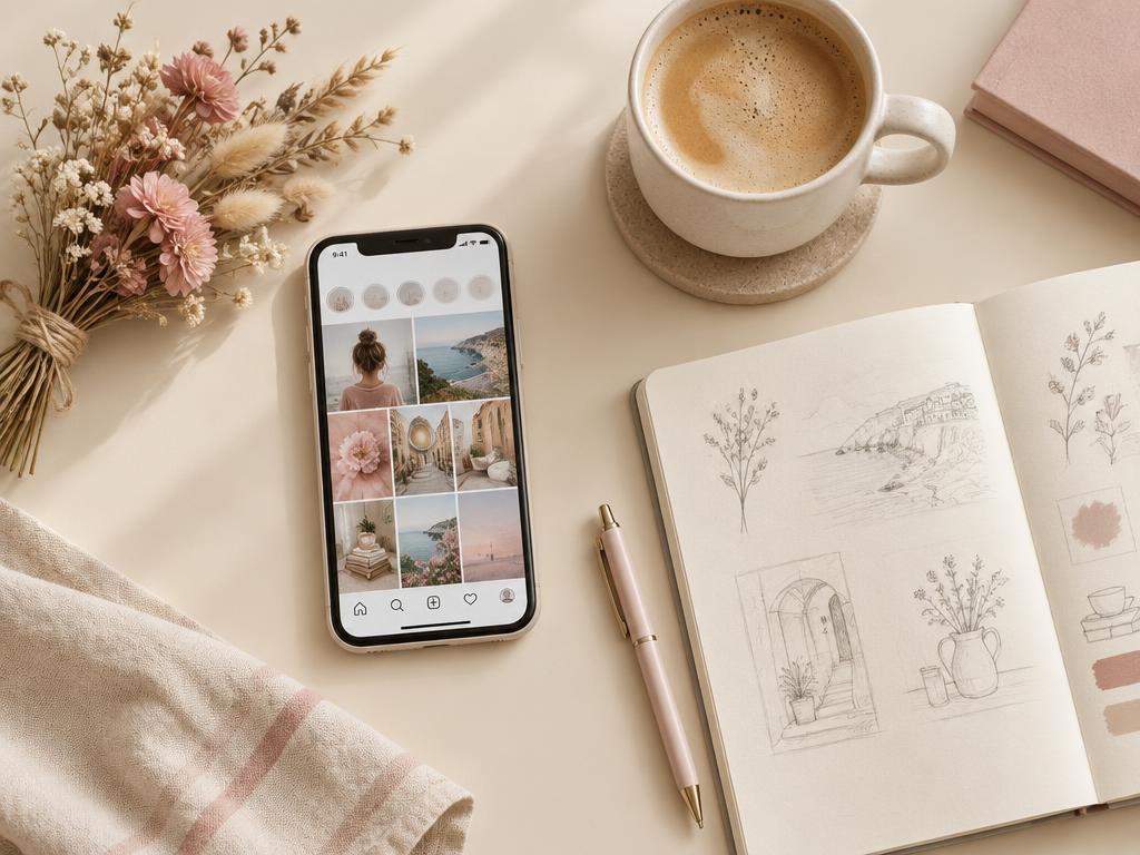 Smartphone mit Social-Media-Feed, Notizbuch und Kaffee – Content-Arbeit