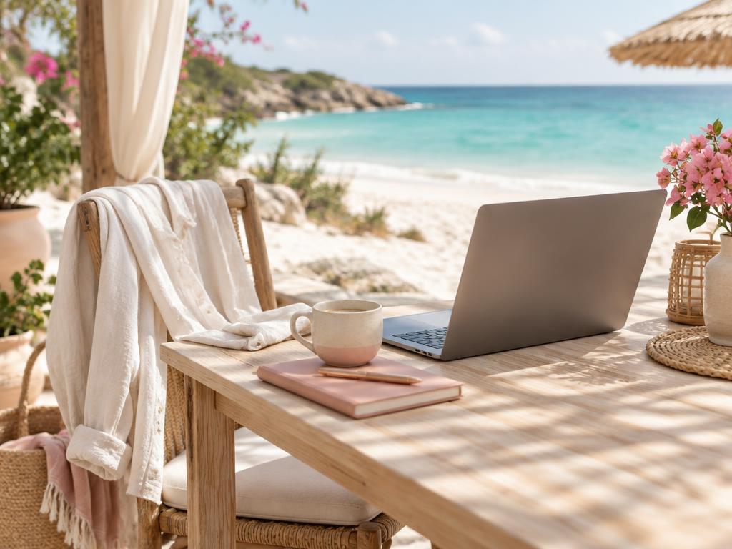 Laptop auf einem Tisch an der Strandbox mit Blick aufs Meer – ortsunabhängig arbeiten